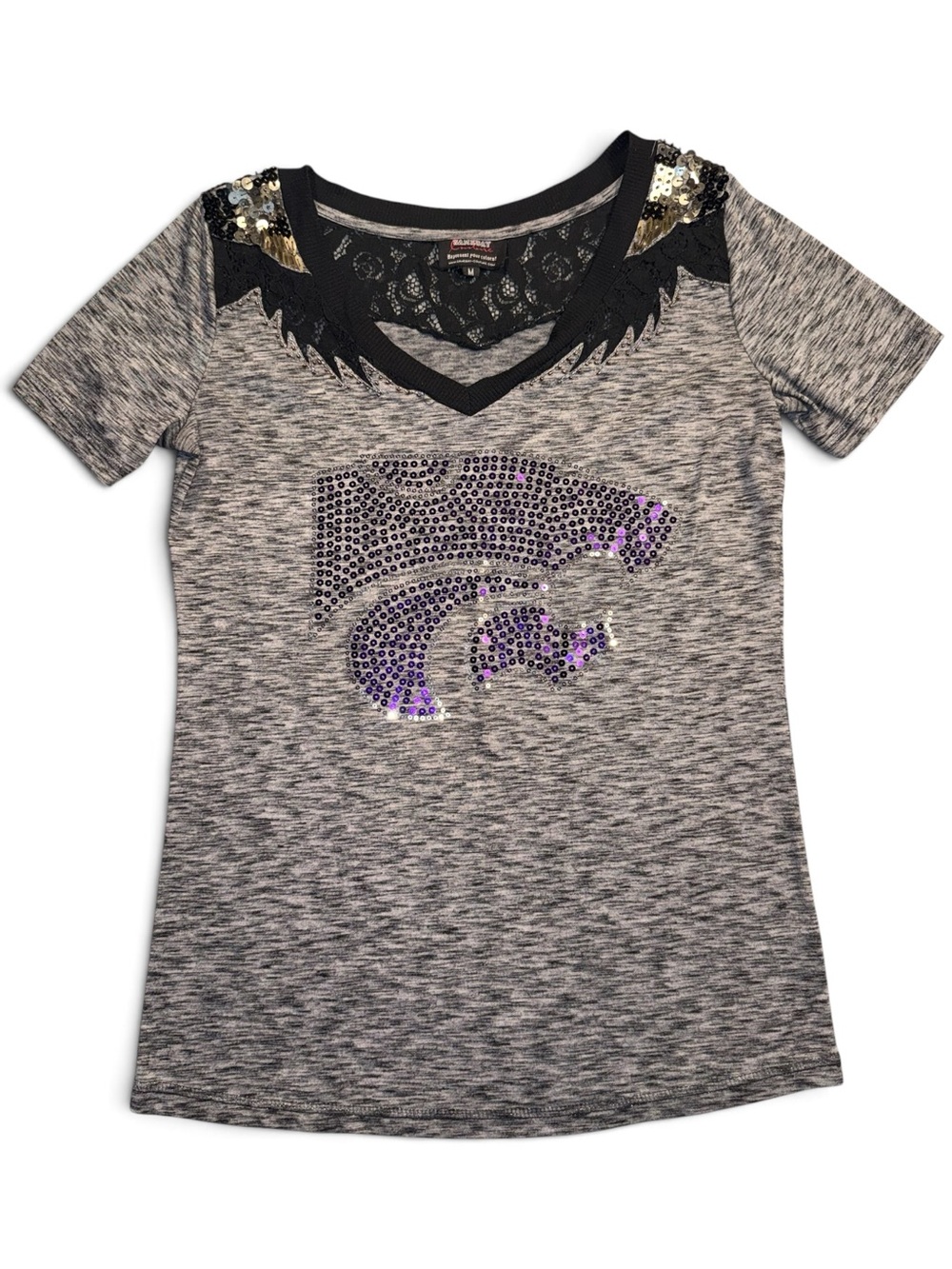 Gameday Couture Medium Kansas State Short Sleeve Sequin Lace Cotton Blouse Tee